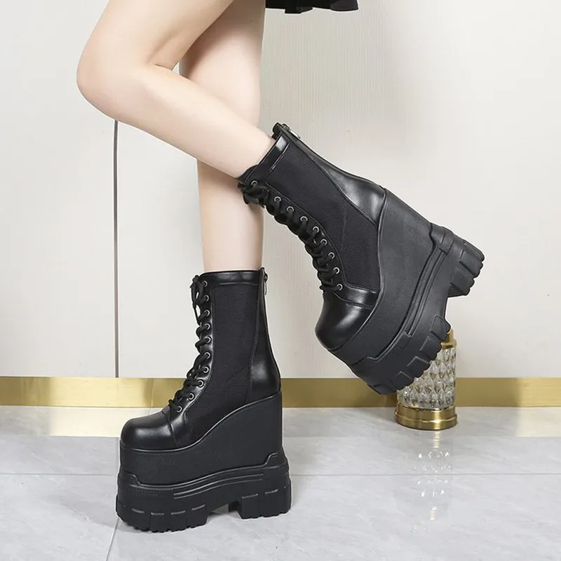 Women Super High Platform Ankle Boots Fashion Autumn Winter Thick Sole Motorcycle Boots 18CM Heels Chunky Short Sneakers Woman