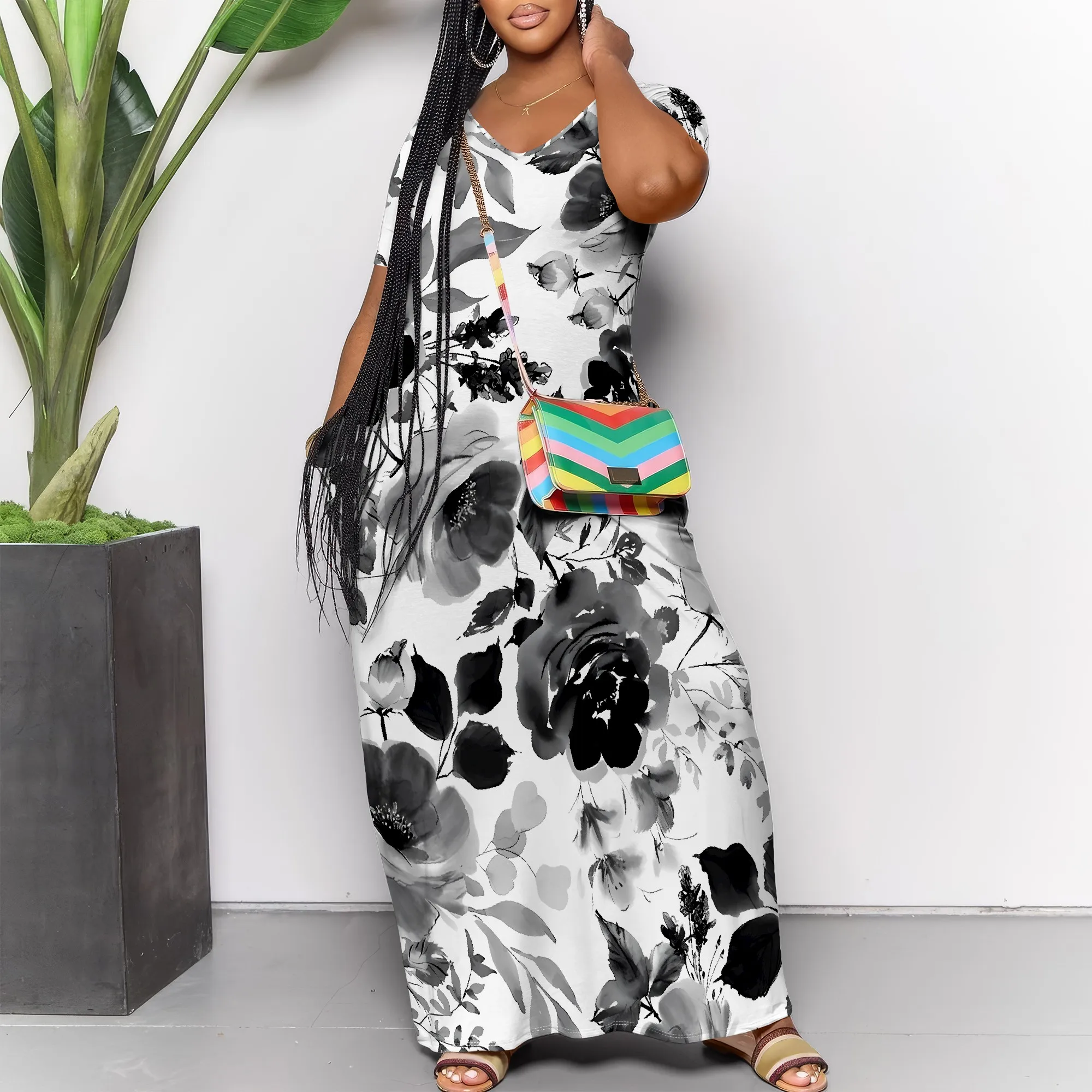 

Nupusa Ink Floral Print Dress for Women Standard Size Summer Casual V Neck Short Sleeve Maxi Dress