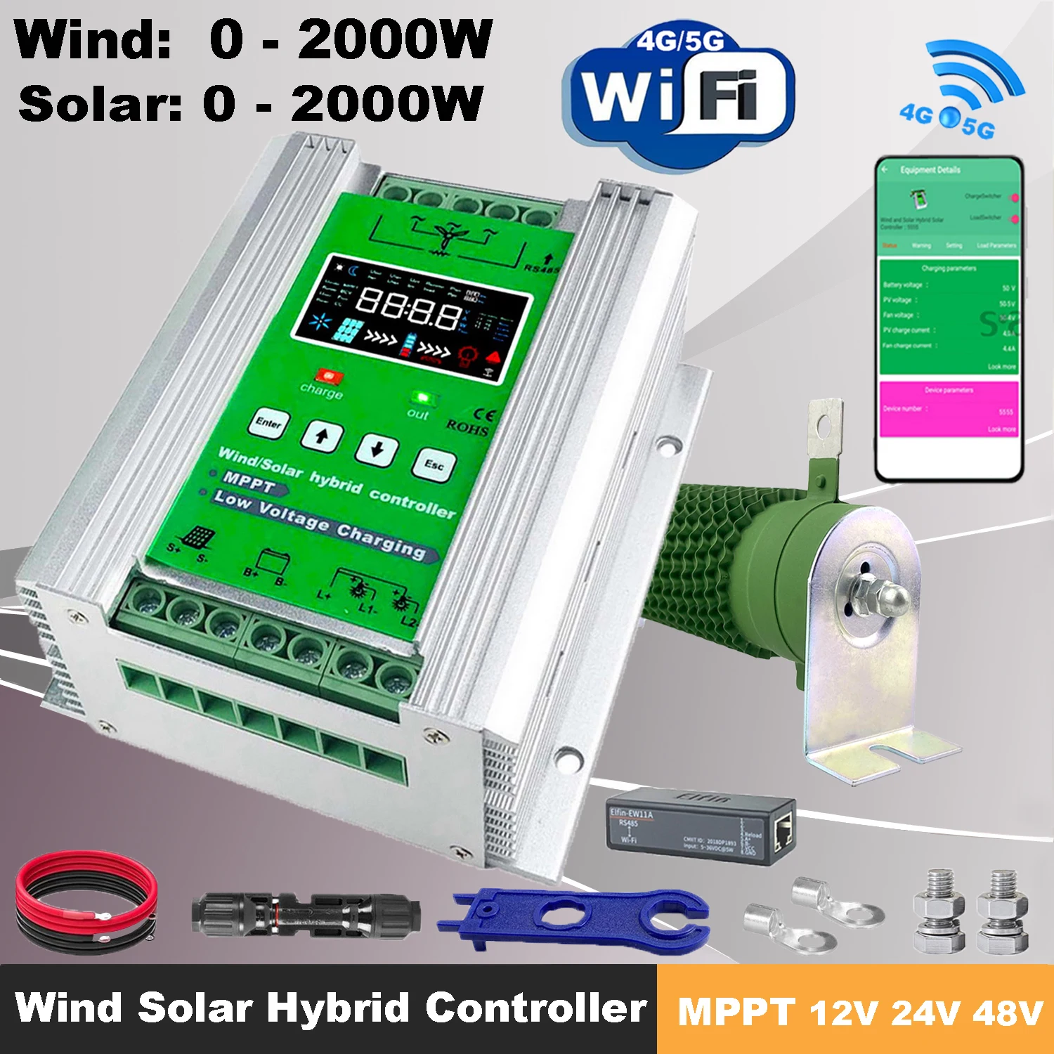 4KW MPPT Wind Solar Hybrid Charge Controller Wind 1000W Solar 1000W 12/24V/48V Auto Hybrid Controller Dump Load & wifi Optional