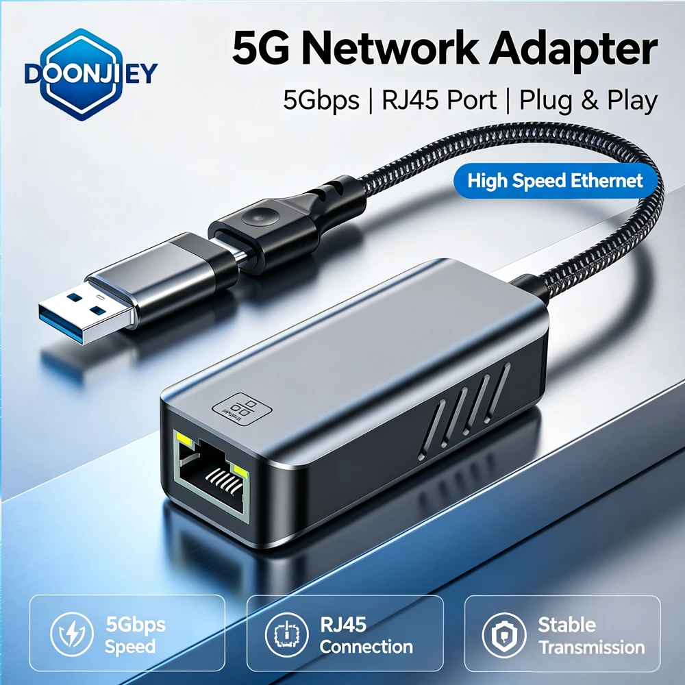 DOONJIEY 5000Mbps 5G Network card Adapter USB 3.0 Type- C RTL8157 2 in 1 Out RJ45 Network Card For Mac OS Windows Linux Internet