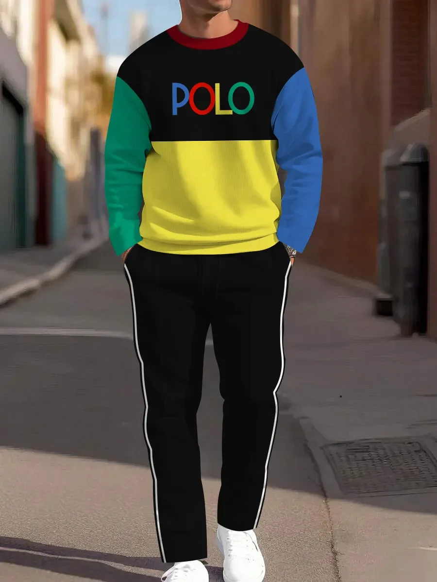 Spring And Autumn New Casual Men's Suit Color Match Fashion Men's Clothing POLO Letters Round Neck Long Sleeve T-shirt Pants