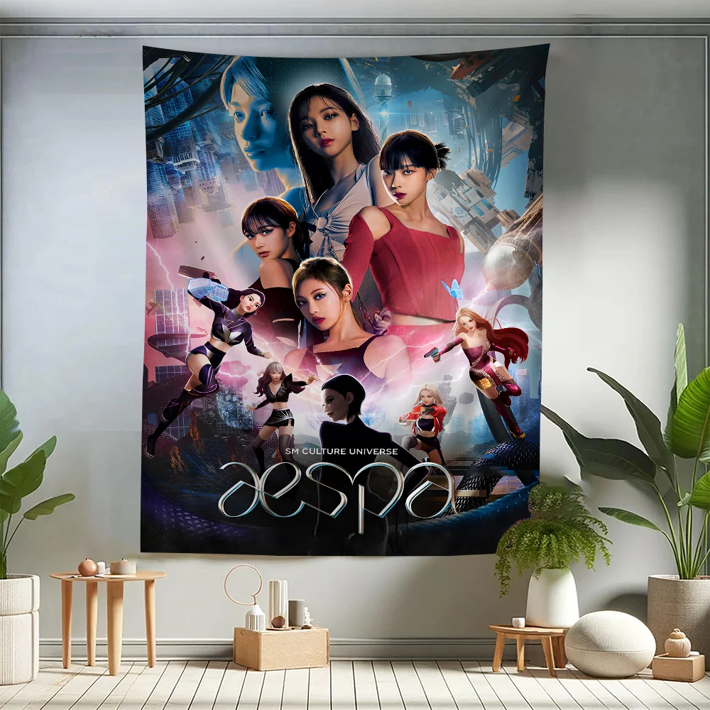 

Kpop A-Aespa Movie Sticky Anime Tapestry Hippie Flower Wall Carpets Dorm Decor Wall Hanging Home Decor