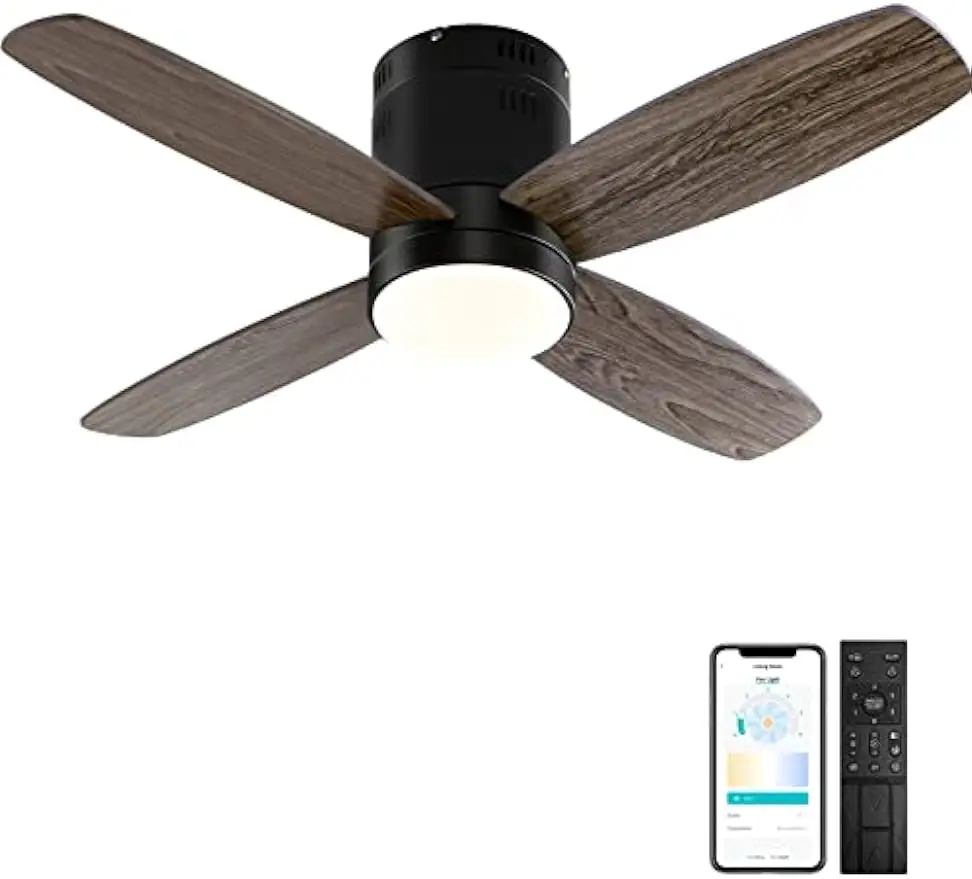 

Ceiling Fan with Lights - 38'' Small Low Profile, Remote & APP Control - Dimmable Indoor Outdoor Quiet DC Flush Mount Ceiling