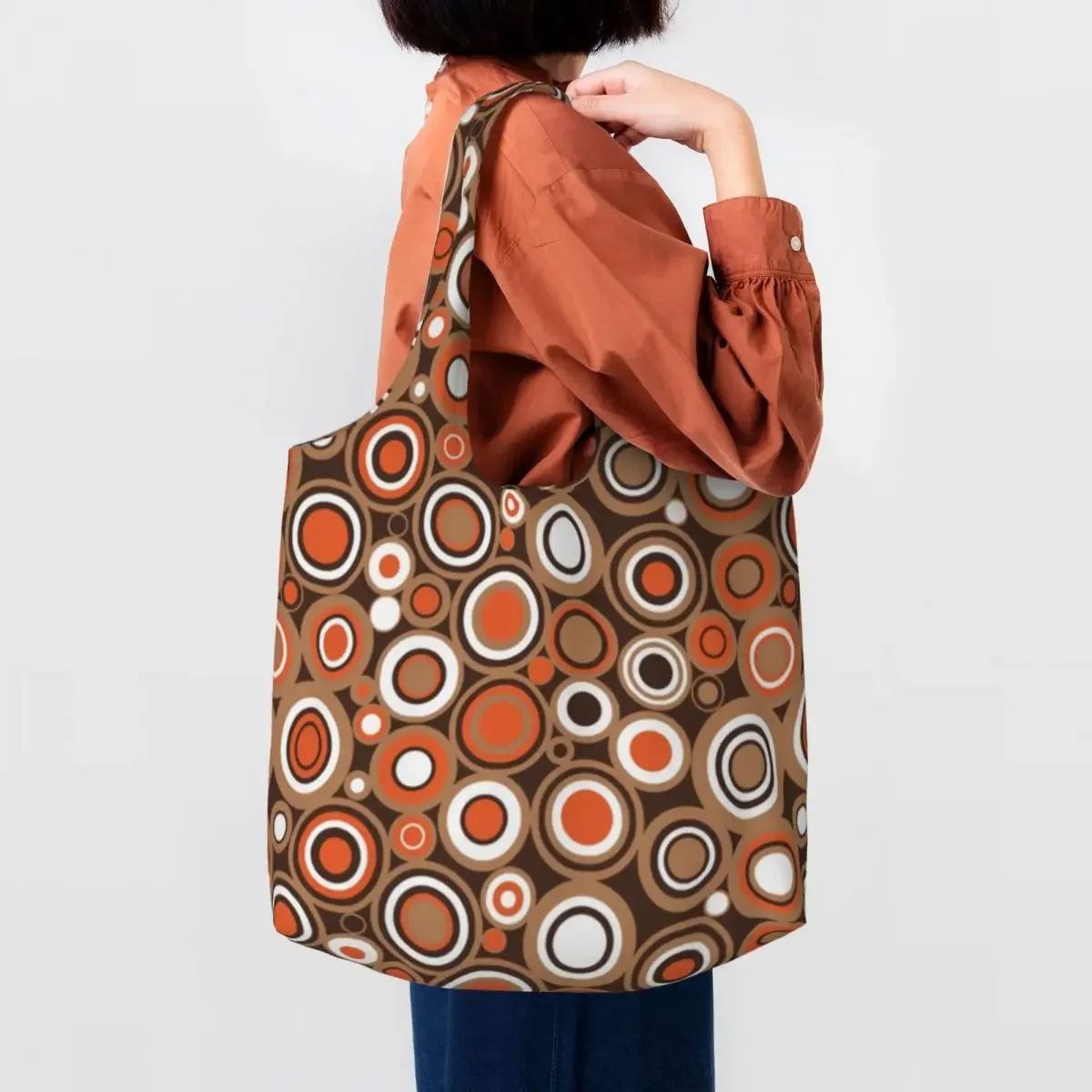 Custom Orange White And Brown Circle Retro Pattern Shopping Canvas Bags Women Portable Big Capacity Groceries Tote Shopper Bags