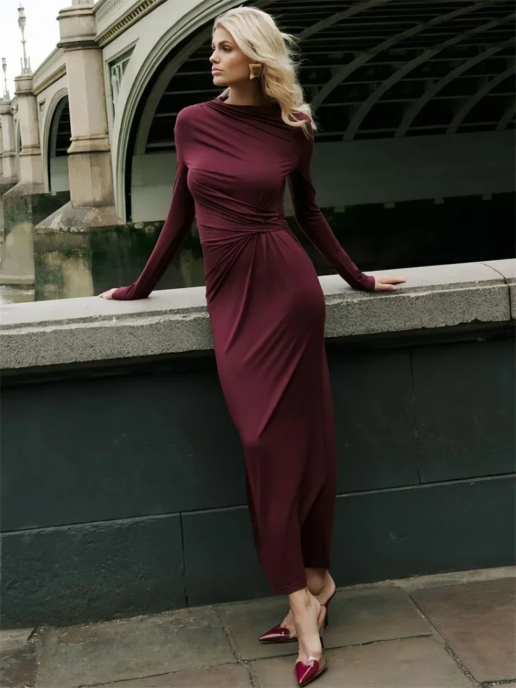 

Fashion Autumn Pleated Long Dress Female High Waist Slim Bandage Solid Elegant Commute Clothes Ladies Y2k Maxi Dress 2024