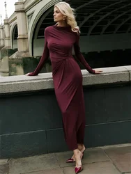Fashion Autumn Pleated Long Dress Female High Waist Slim Bandage Solid Elegant Commute Clothes Ladies Y2k Maxi Dress 2024