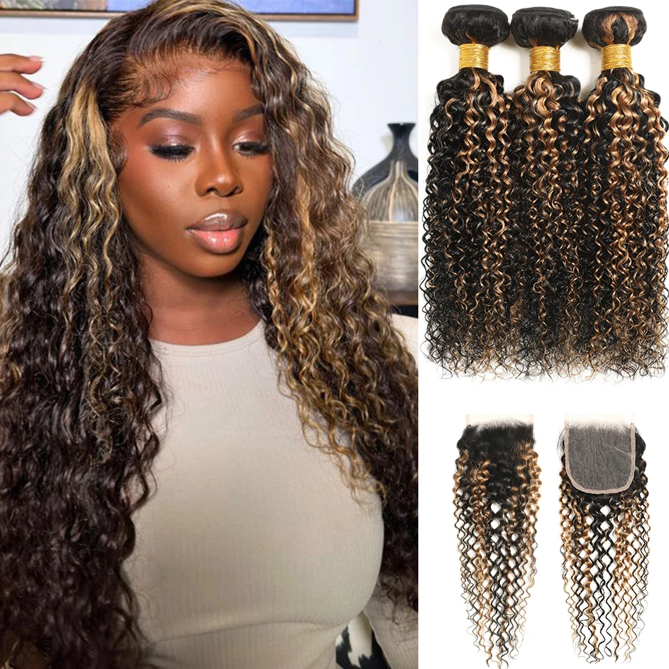 100% Human Hair Bundle with Free Part HD Lace 4x4 Closure Honey Blonde Highlight Kinky Curly Hair 3/4 Bundles With HD Closure