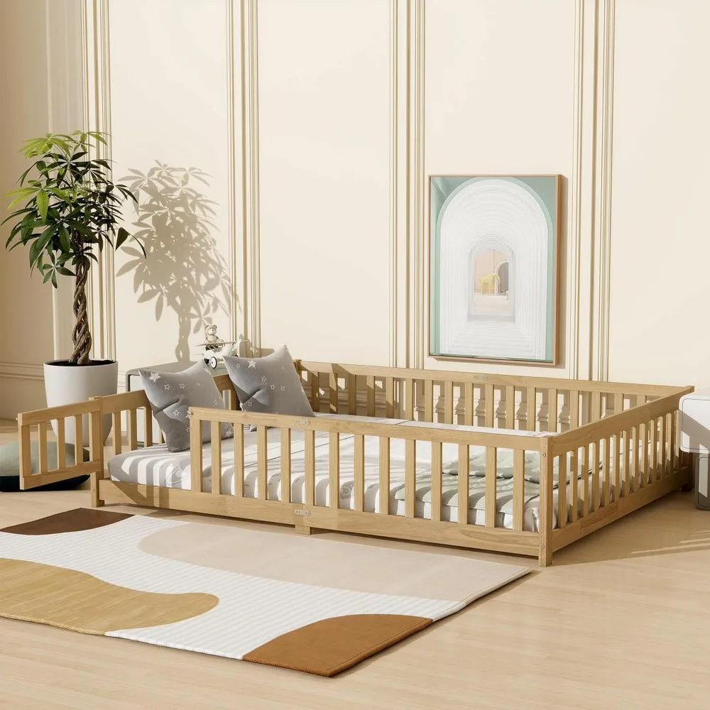 

Queen Size Floor Bed with Slats and Door,Montessori Floor Bed Frame with High Rails,Queen Size Wood Kids Beds with Fence,No Box
