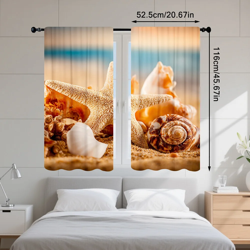 Seashell Starfish Beach Curtain, Coastal Ocean View Print Drape, Summer Marine Window Treatment for Living Room Bedroom Home