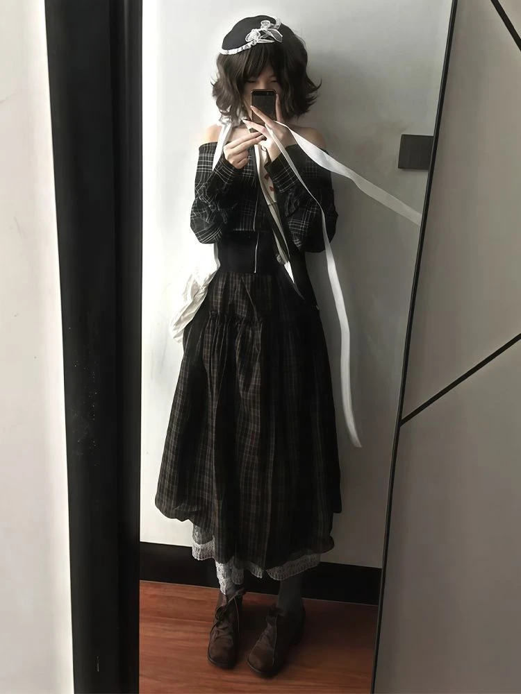 일본 2피스 세트 여성 슬래시 넥 체크 무늬 그랜지 지퍼 블라우스 + 빈티지 하이웨이스트 러플 스커트 Y2K 감성 의상