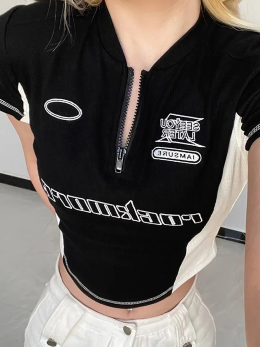 

Retro American Motorcycle Sle ort Sve T-irt Women's Summer New f Zip Slim Fit ort Length Top Korean Sle
