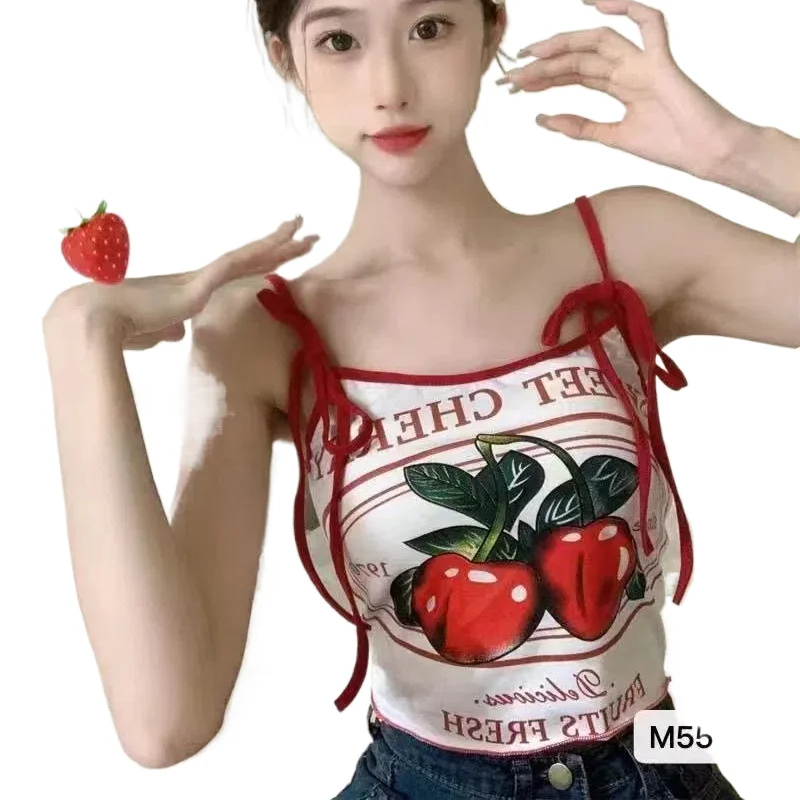 

New Summer Sweet and Spicy Cherry Printed Earrings Tied High Waist Strap