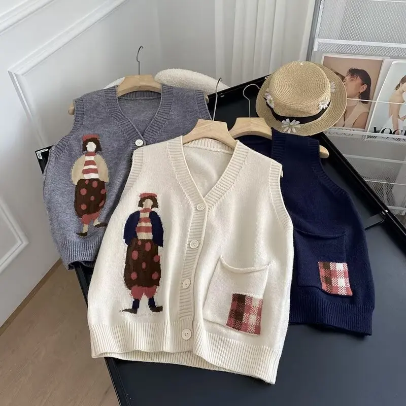 

V-neck knitted Cardigan Vest Women's Spring Autumn Knitting Sleeveless Sweater Waistcoat Female Fashion Loose Vest Jacket Tops