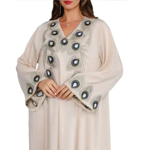 Elegant Muslims Dress for Women Full Length Dress Long Sleeves Rhinestones Dress Loose Muslims Robe Middle East Thobe
