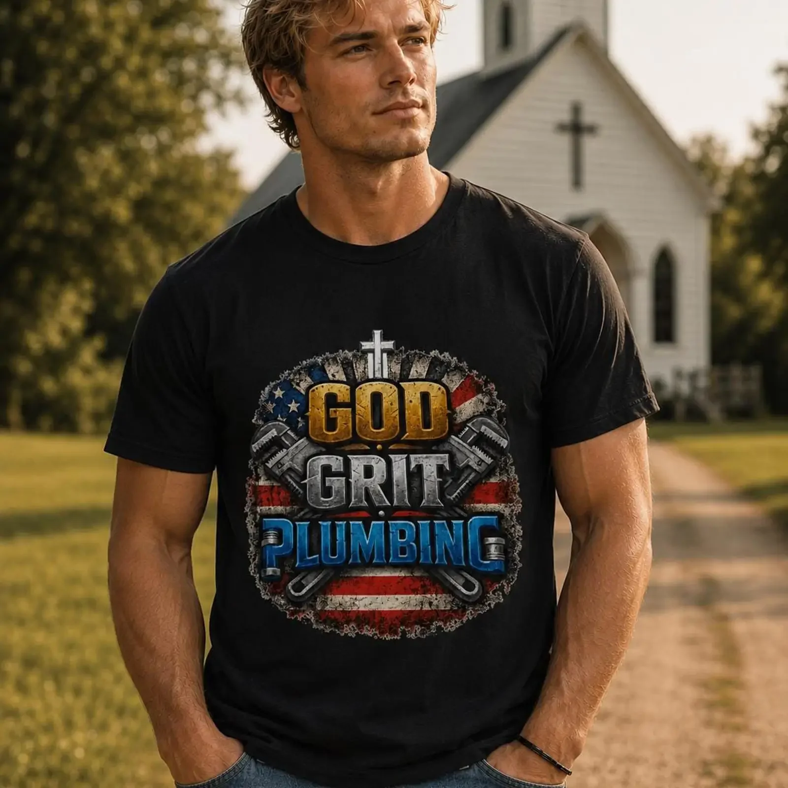 God Grit Plumbing T Shirt Christian Cross American Flag Themed Plumber Values vintage Washed Comfortable graphic homme