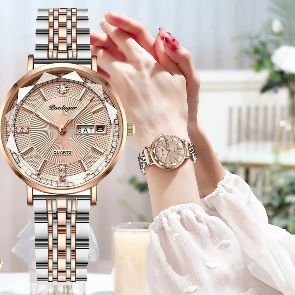 

Quartz Watch for Women Stainless Steel Strap Gold Fashion Ladies Wristwatch Calendar Elegant Bracelet Female Clocks Girl Gifts