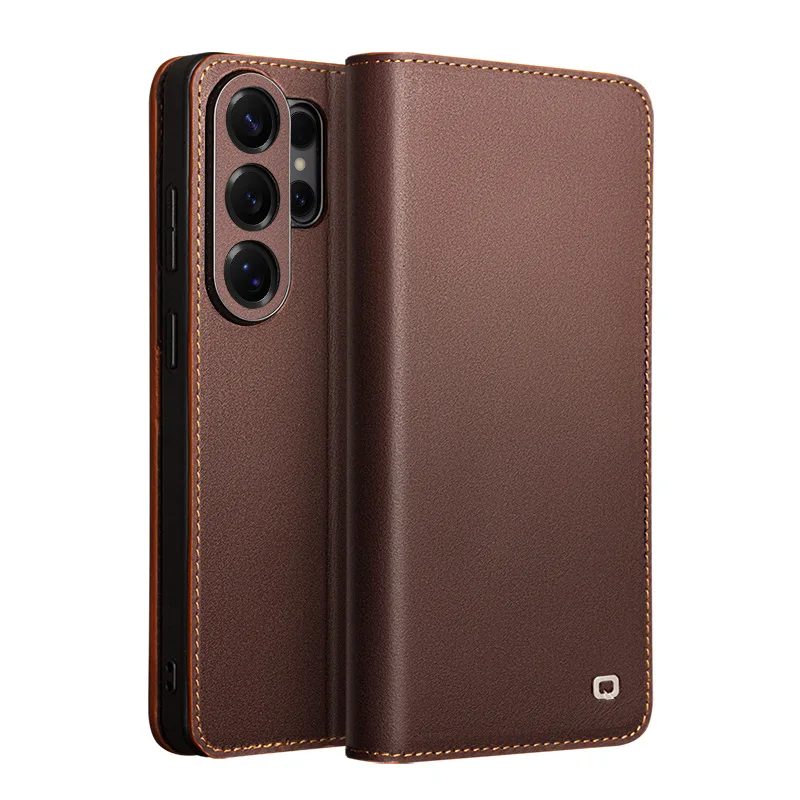 

Classic Solid Color Genuine Leather Flip Cover for Samsung Galaxy S26 Ultra S26 Plus with Built-in Wallet Cards Case