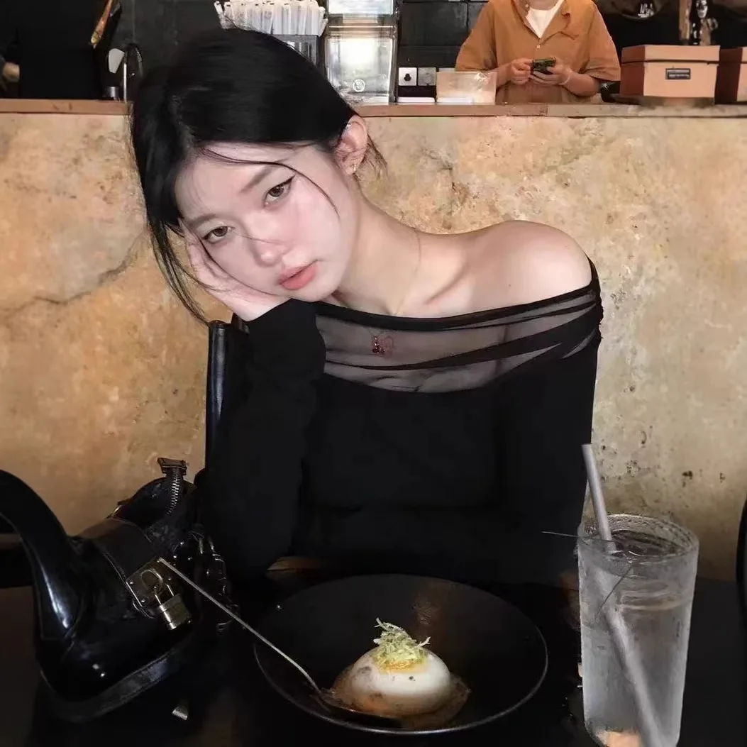 

Black Mesh Patchwork Off-Shoulder Long Sleeve T-Shirt For Women Early Autumn High-End Style Slim Fit Base Shirt Top