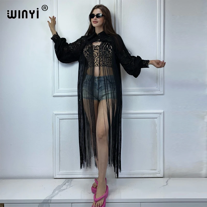 WINYI beach cover-ups summer outfits for women Elegant fashion jacket sexy Holiday long Sleeve Ultra-short tassel coat