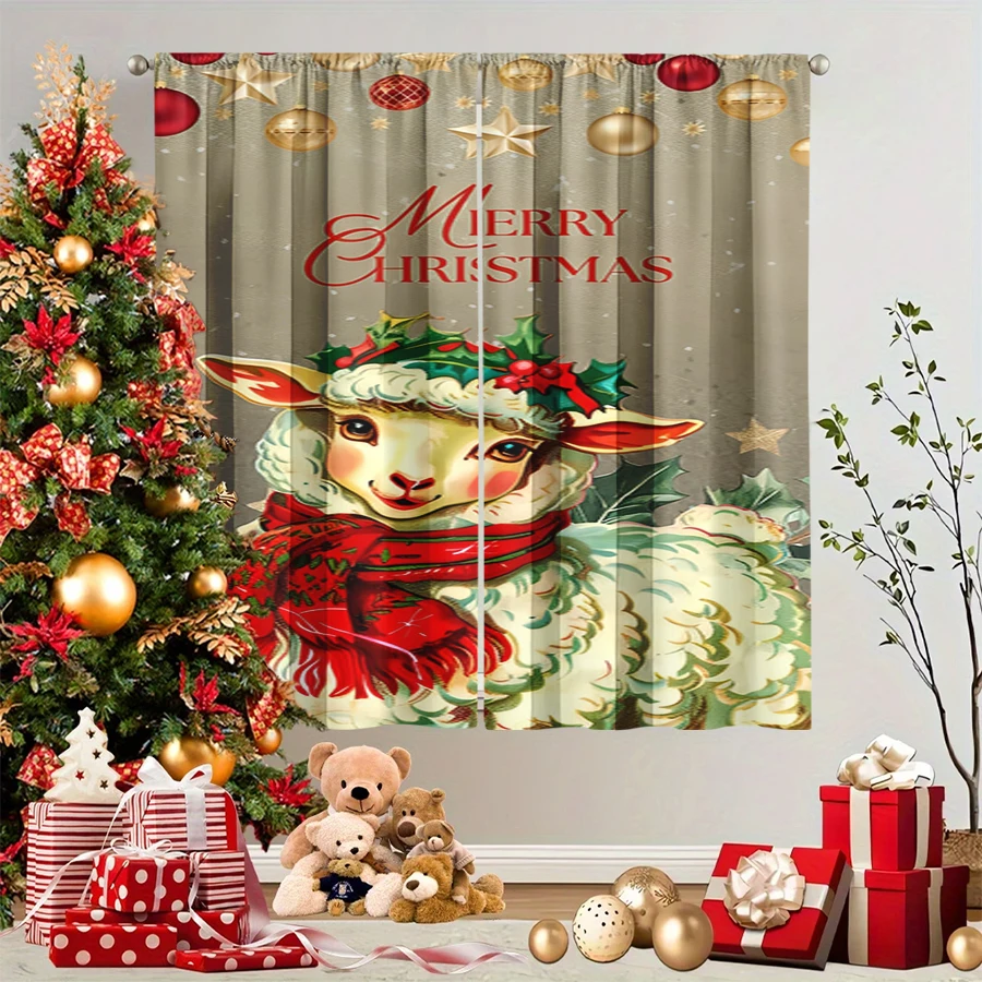 2PCS Christmas Winter Curtains, Vintage Lamb Holly Wreath Scarf Merry Christmas, Digital Print, Bedroom Living Room, Home Decor