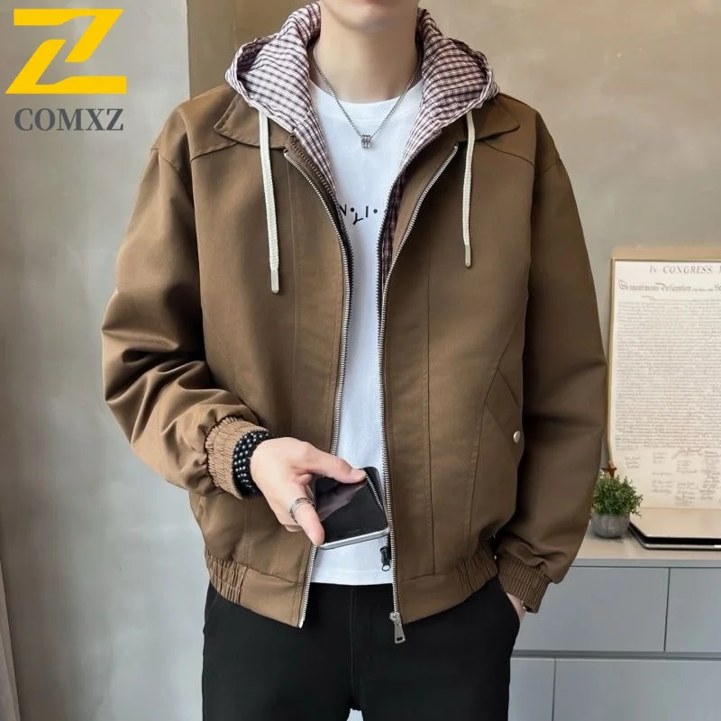 

COMXZ 2025 Мужская полосатая куртка с капюшоном из двух частей с воротником-стойкой, повседневное модное легкое удобное пальто