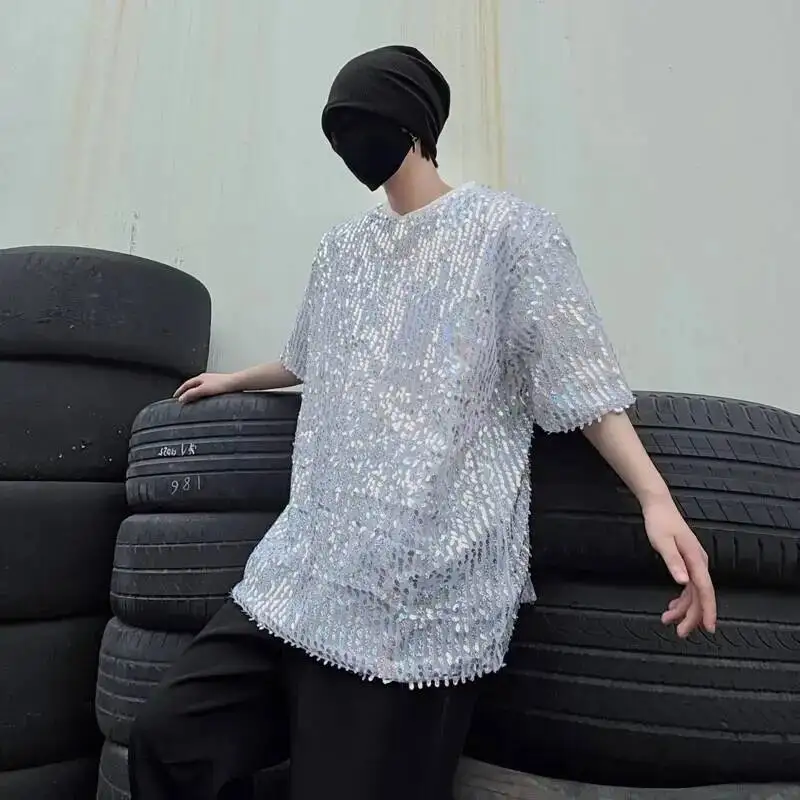 Trendy Streetwear Silver Sequin Patchwork Design Men's Short Sleeve T-shirt Loose Casual Round Collar Pullover Tops EI14