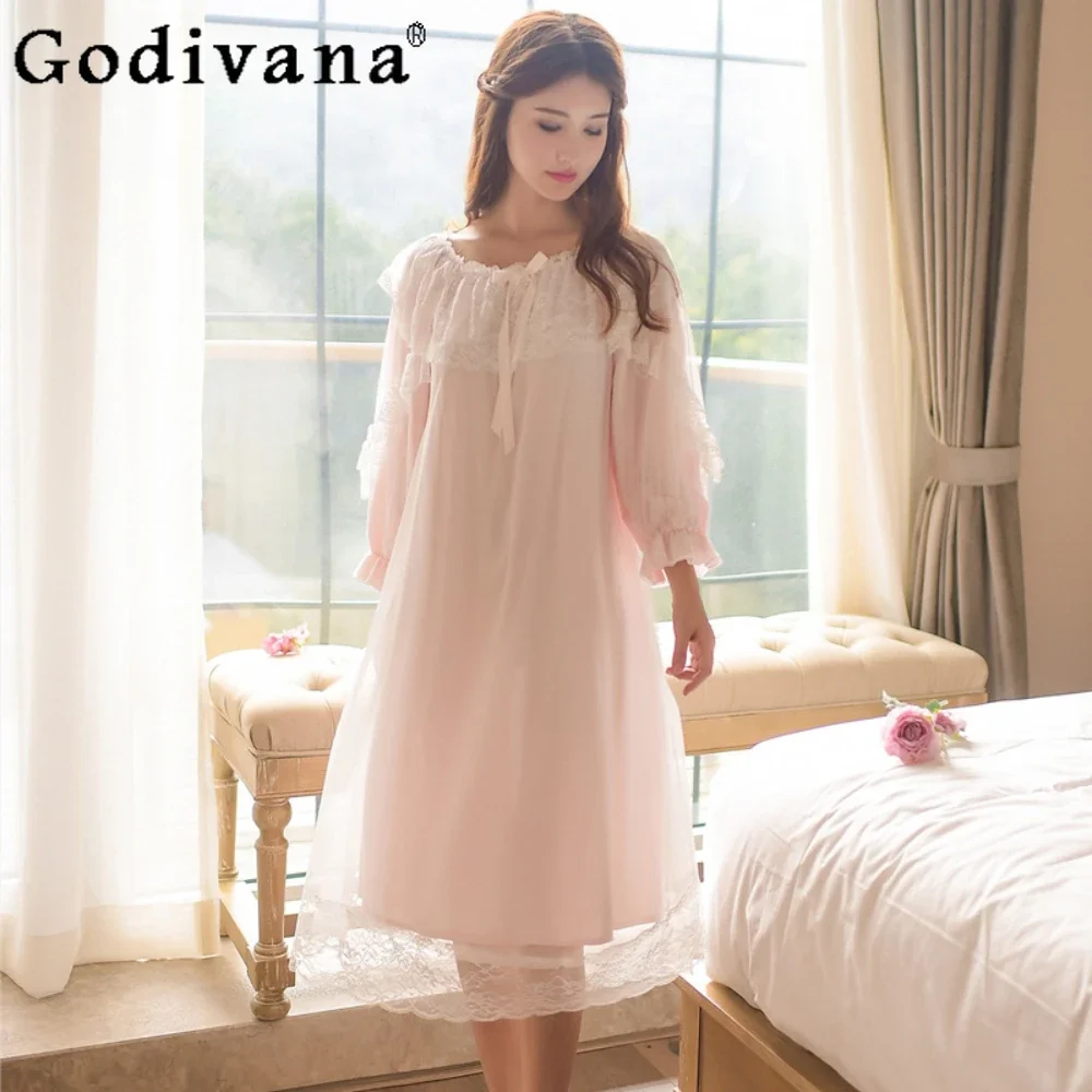 

Long Sleeve Pajama Female Vintage Court Sweet Princess Sleepwear Lace Elegant Lady's Delicate Nightdress