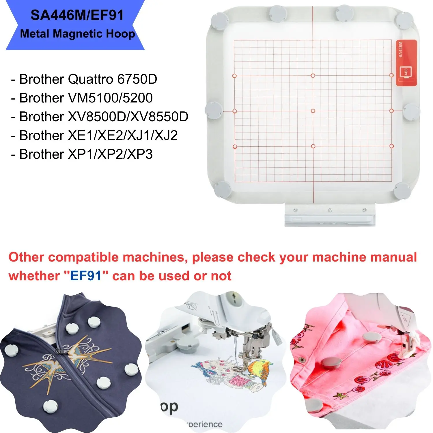 Metal Magnetic Embroidery Hoop 200x200mm and 200x300mm for Brother Quattro 6750D VM5100 5200 XV8500D XV8550D XE1 XE2 XJ1 XJ2 XP1