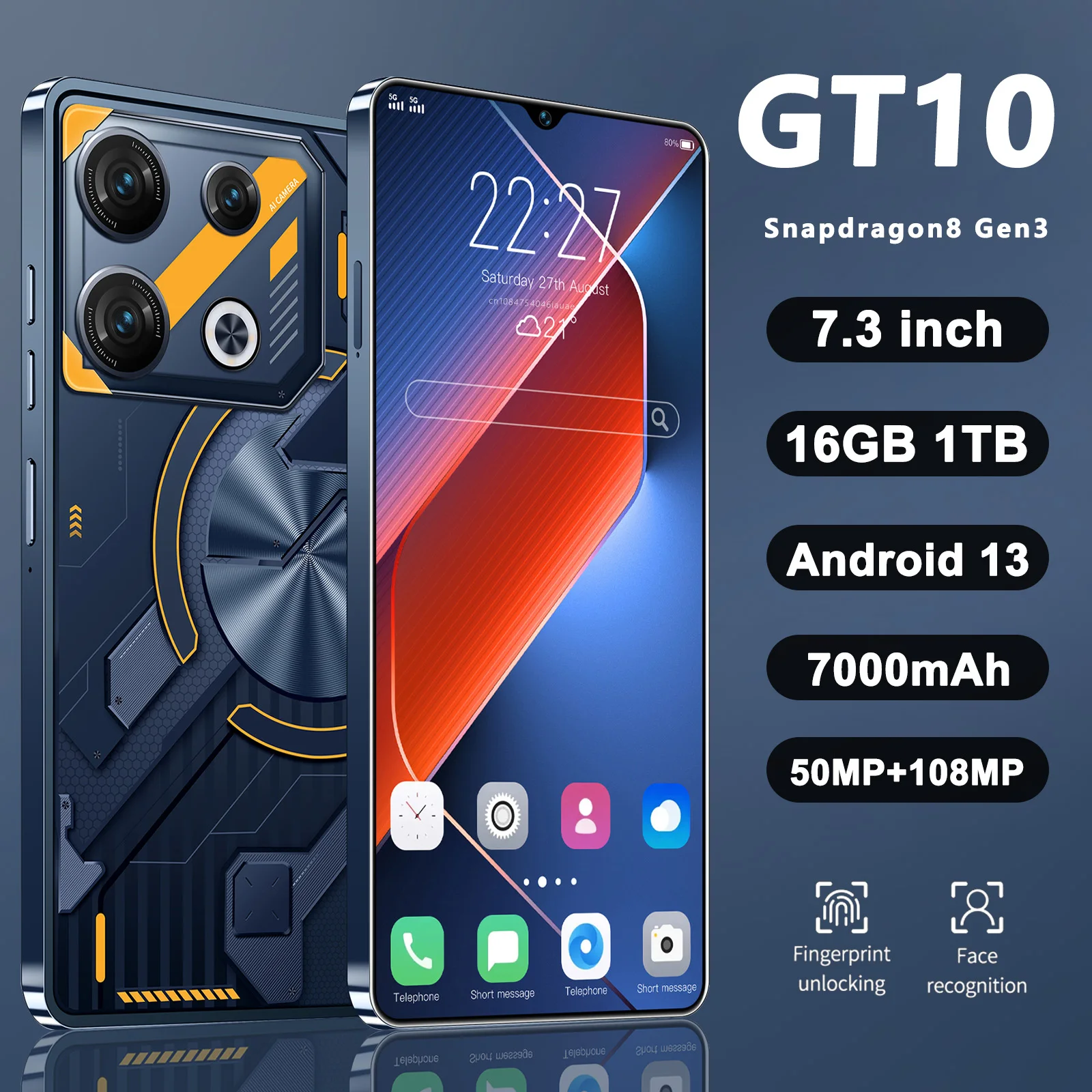 

Original GT10 Pro Smartphone 5G 7.3inch HD 16G+1TB Cell Phone Dual SIM Mobile Phones 7000mAh Cellphones Unlocked Android 13 NFC