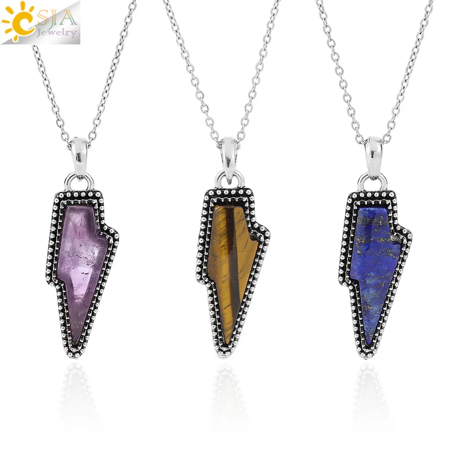 CSJA-collar con colgante de relámpago de piedra Natural para hombre, cadena de acero inoxidable con cristal de roca energética, joyería para mujer H701