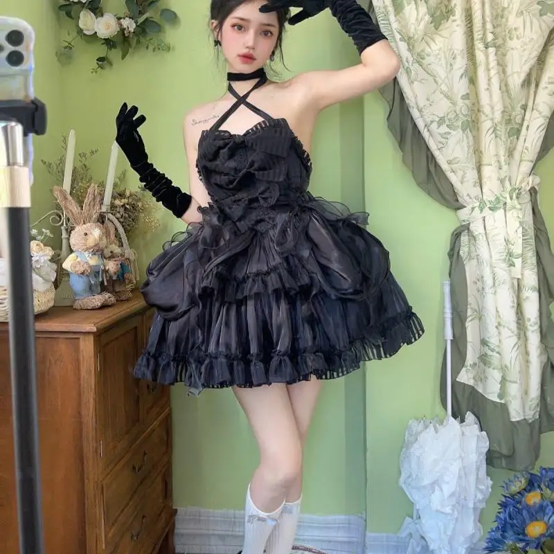 Japanische süße lolita jsk anzug kleid gotische frauen spitze bogen rüschen tee party ärmellose kleider sommer mädchen kawaii y2k punk