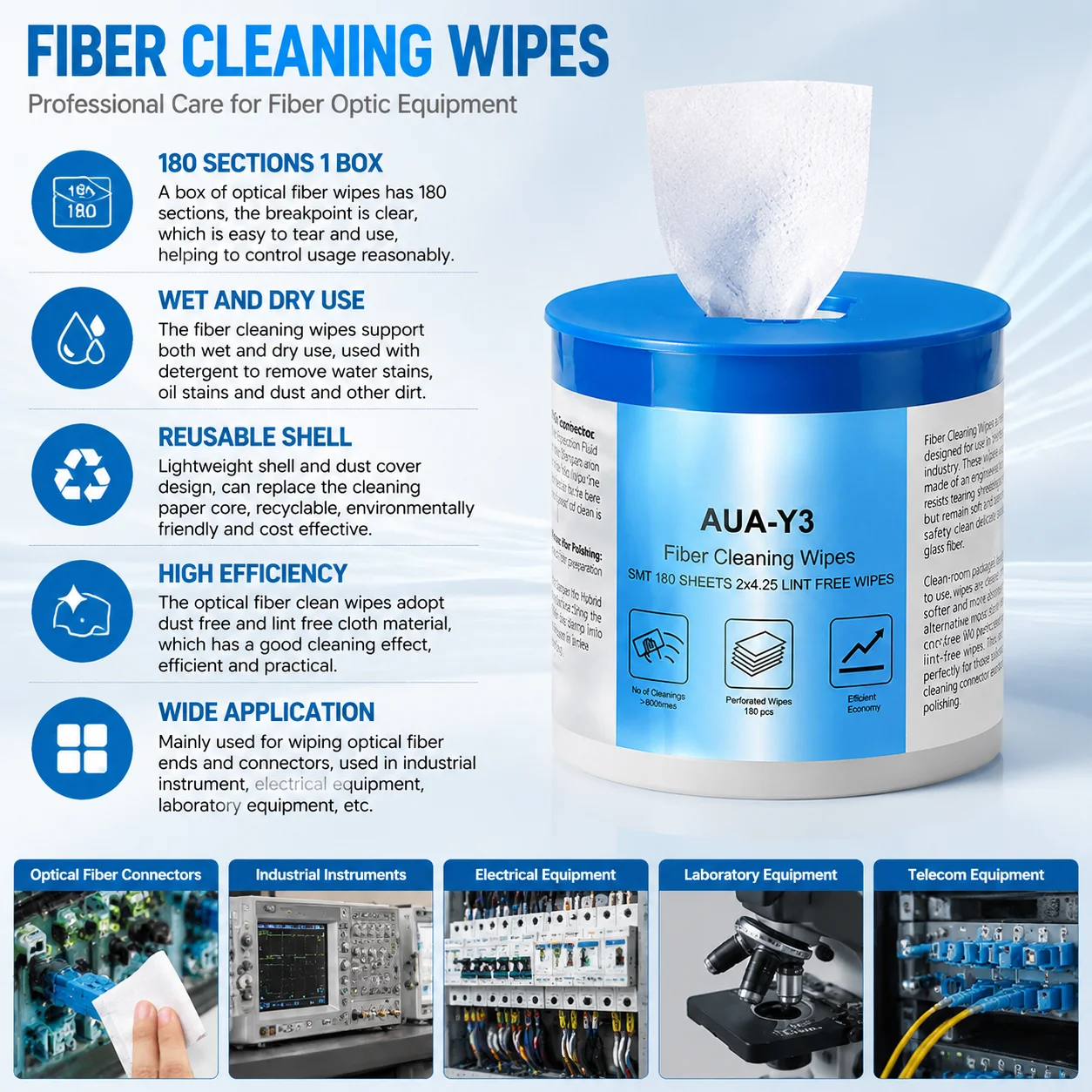 180 Peças por Caixa: Lenços de Limpeza para Fibra Óptica, Sem Fiapos, Sem Poeira, Uso Duplo (Úmido e Seco) para Conectores de Cabo de Fibra Óptica, Ferramentas de Limpeza para Redes FTTH e Equipamentos de Laboratório