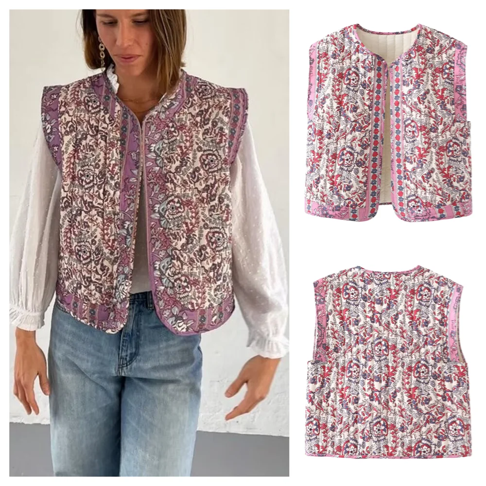 PB&ZA 2024 Summer New Women's Fashion and Casual Versatile Printed Quilted Cotton Button Free Loose Vest Coat