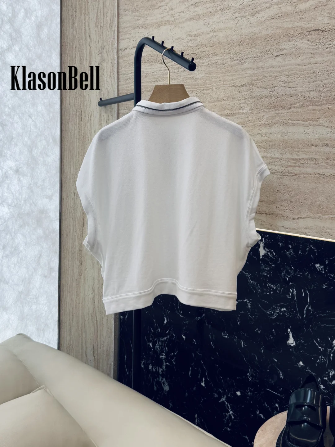 3.3 KlasonBell Bead Chain Decoration Lapel Knit Tee Loose Sleeveless Spring Summer Fashion All-match Short T-Shirt For Women