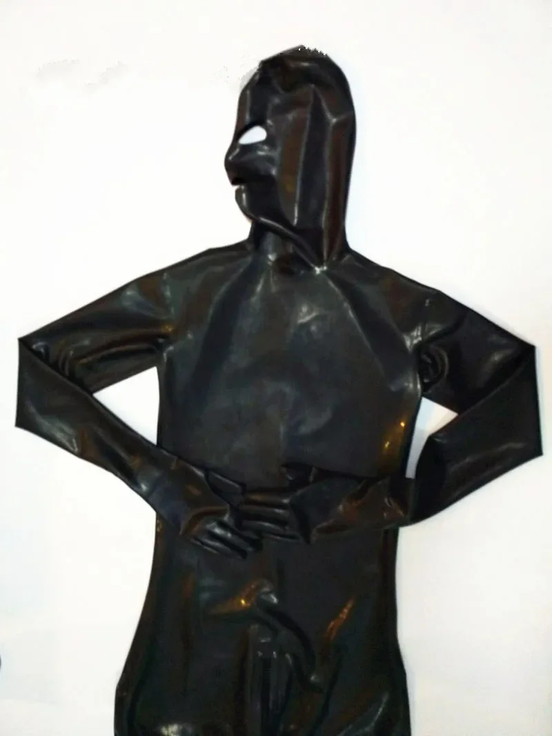 Handmade Man ฝาครอบ latex catsuit พร้อมฮู้ดและถุงเท้าที่แนบมาถุงมือยางบอดี้สูทซิปเป้าหลัง custom made