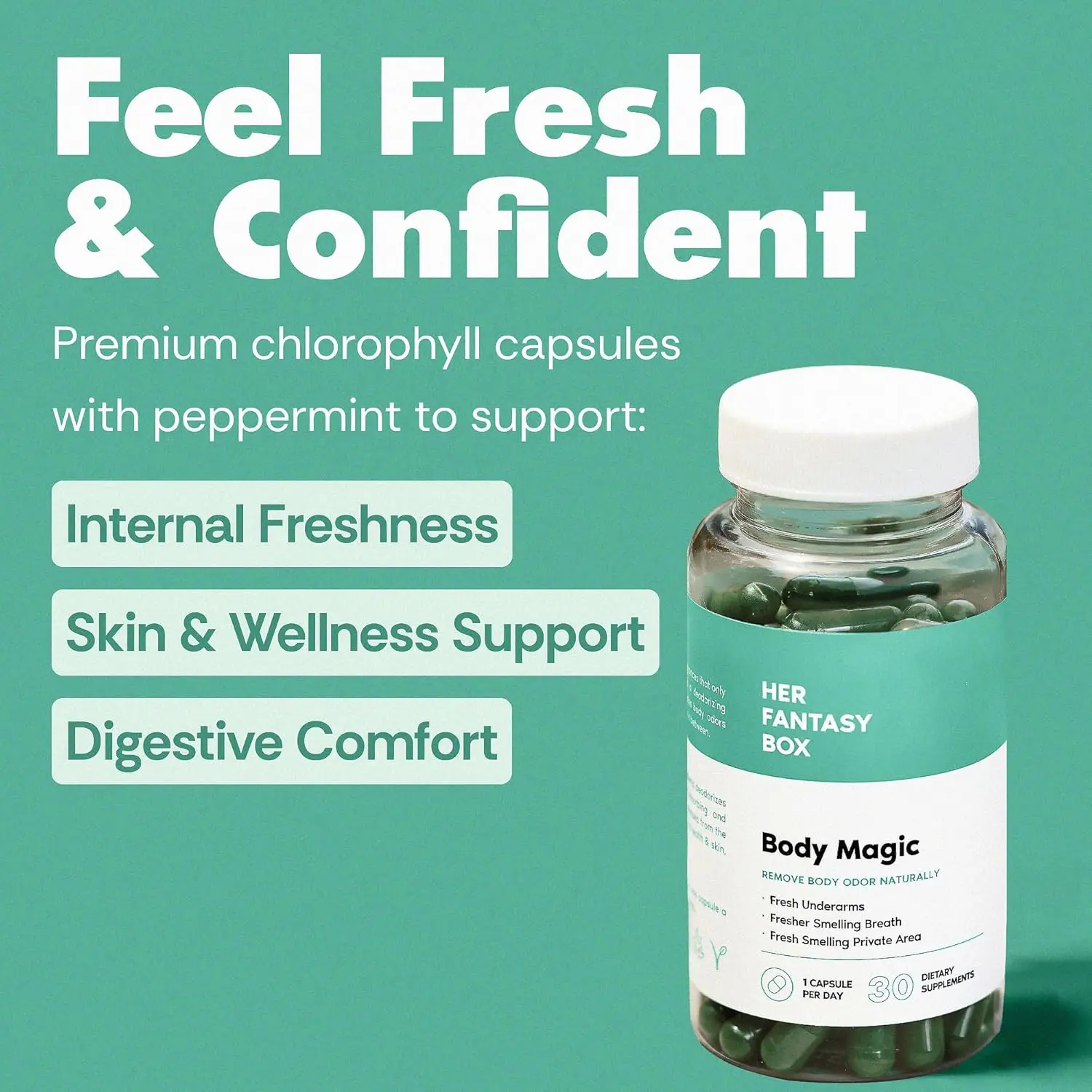 Her Fantasy Box | Body Magic | Chlorophyll Capsule - 30 Vegan Capsules for Detox, Digestion, Gut Health - Natural Energy Booster