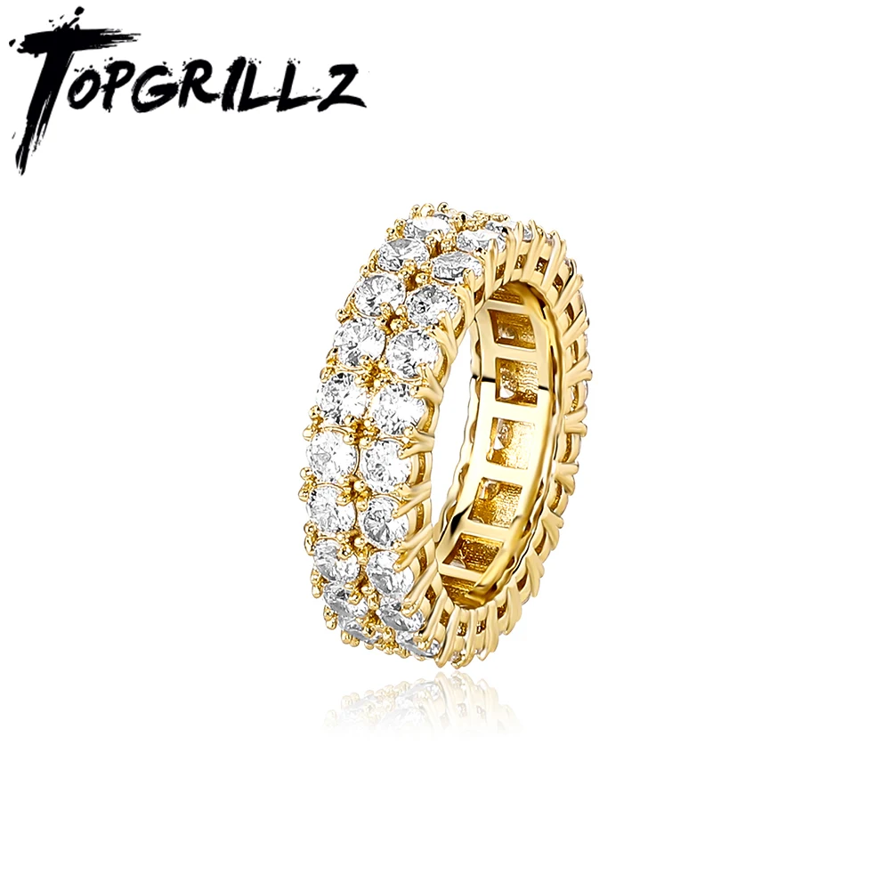 TOPGRILLZ New 6/7mm Couple Rings Full Micro Pave 2 Rows Zircon Color Preservation Waterproof Rings Hip Hop Fashion Jewelry