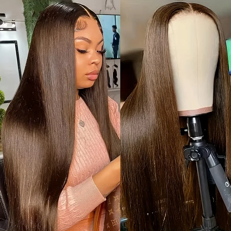 # 4 باروكة من شعر طبيعي بني بالشوكولاتة 13x4 باروكات أمامية من الدانتيل قبل قطعها 180% كثافة مستقيمة بنية شفافة باروكة برازيلية