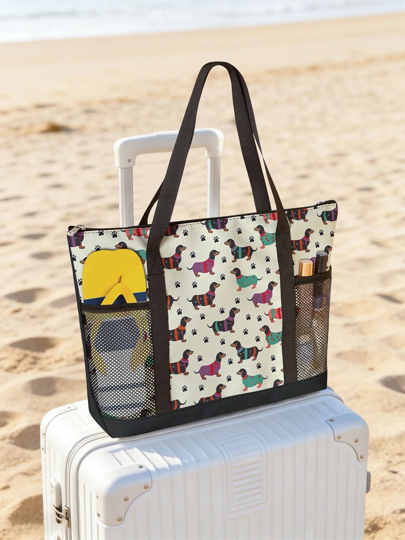 

Dog printed handbag, large capacity women's beach bag, waterproof travel shoulder bag with mesh pockets