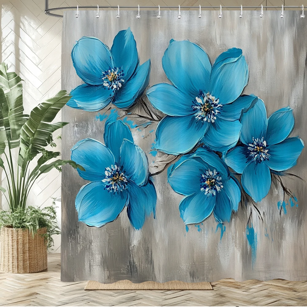 

3D Blue flowers bathing dogs printed shower curtain polyester fabric bathroom curtain home decoration curtain with hooks
