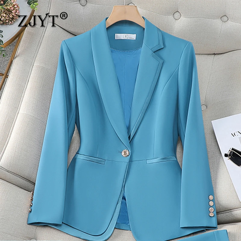 ZJYT Korean Fashion Office Blazers for Women Spring Long Sleeve Plus Size Jacket Coat Office Lady Veste Femme Blazer Suits Blue