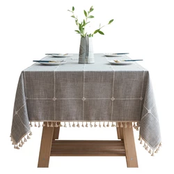 Grey Large Square Embroidery Tassel Tablecloth,Cotton Linen Dust-Proof Checkered Table Cover,for Kitchen Dinning Tabletop Decor