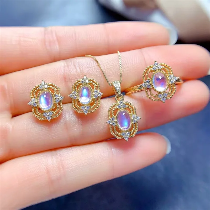 

Beautiful and Fashionable New Natural Moonstone Jewelry Set, 925 Silver Women's Set, Daily Wear