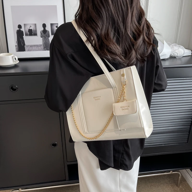 Chain Large Capacity One Shoulder Bag With Small Wallet Femal PU Leather Casual Handbag Korean Style Simple Fashion Underarm Bag