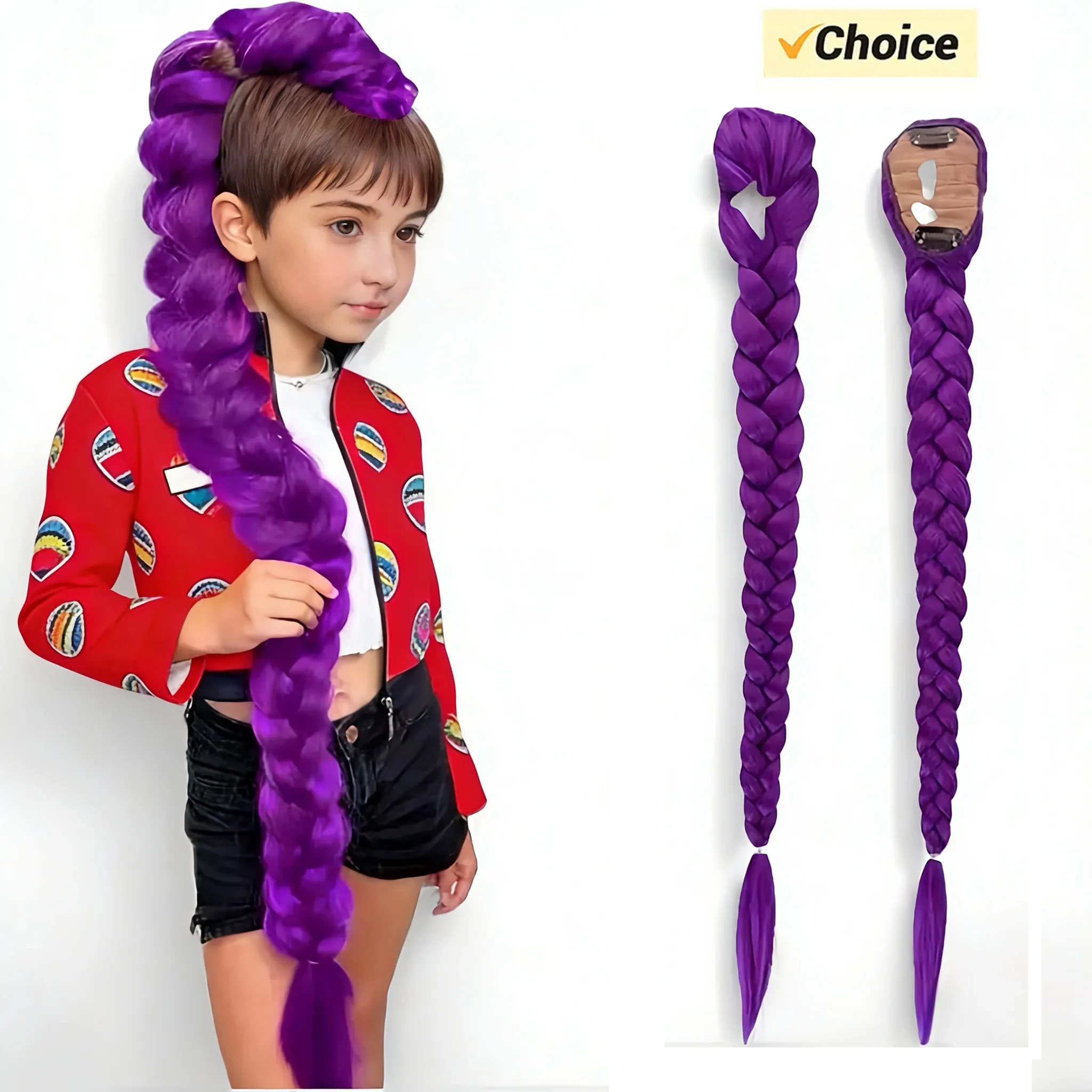 26inch Synthetic Braided Purple Hair Ponytail Rumi Costume Hairstyle Long Ponytail with Clips for Kids Girls Halloween Christmas