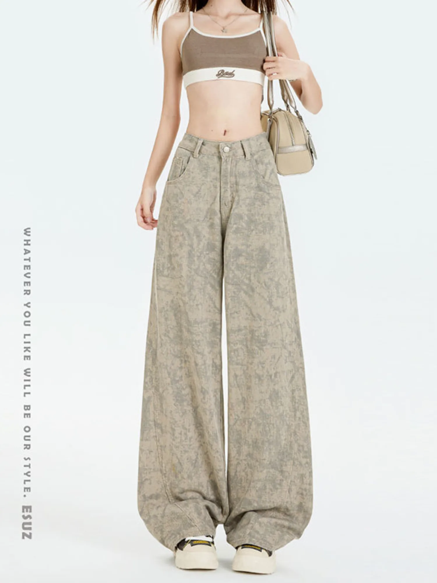 Women's Light Khaki Tie-Dye Vintage Wash High Waist Wide Leg Jeans - Distressed Mottled Texture Retro Casual Denim Pants