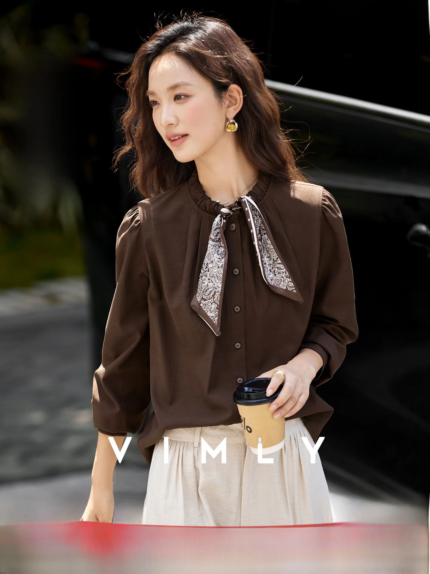 

Browan Tunic Top Women's round Neck Bubble Sleeve Shirt Casual Style Vimaly Brand Linen Blend Vintage Scarf Spring New Arrival