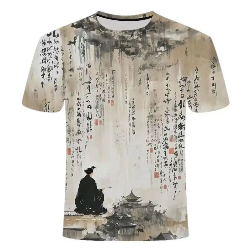 New Summer Ancient Style Ink Painting 3D Niche Street Style Fashion Couple Children's Clothing Ins Trendy Casual Top