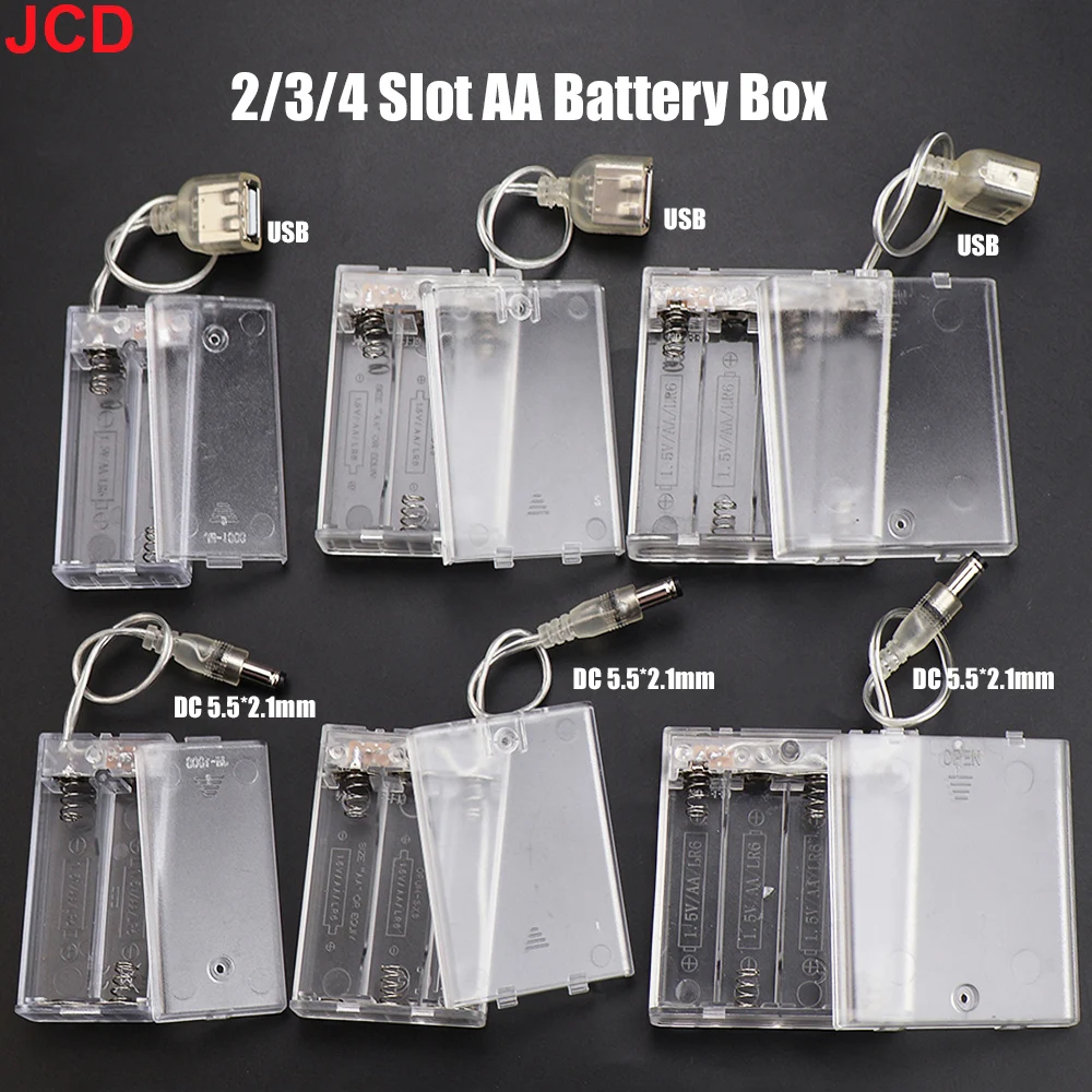 JCD 1 Stück DC5.5*2.5mm USB-Anschluss AA Klarer Batteriekasten mit Abdeckung EIN/AUS-Schalter 2/3/4 Fächer AA Batteriehalter Aufbewahrungsbox