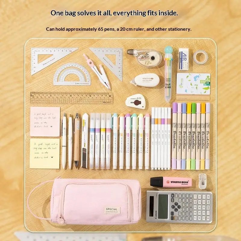 Portable Pencil Case Large Capacity Multilayer Pencil Storage Bag Solid Color With Handle Pen Box School Office Supplies